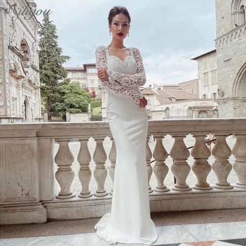 Ailigou Sexy V-Neck Long Mermaid Wedding Dress With Sleeves Backless White Lace Diamond Wedding Dress Wedding Party Vestidos