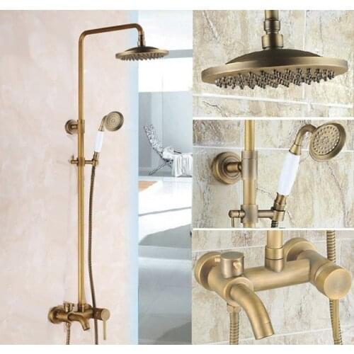 Antique Brass Wall Mounted Rain Bathroom Rainfall Shower Faucet Set with Handheld Spray Shower Head Bath Tub Mixer Tap 2rs186