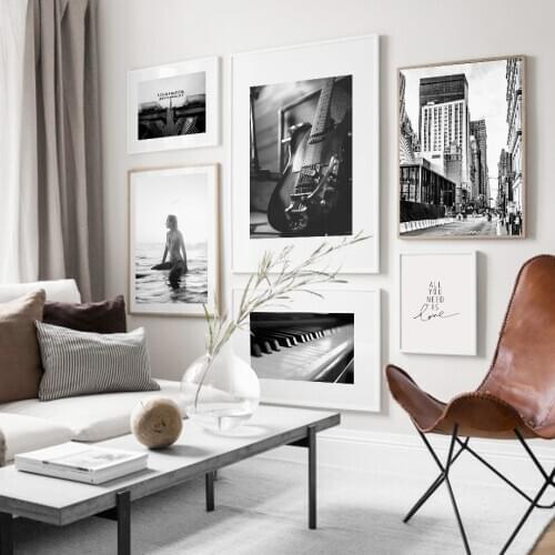 Paris City Girl Piano Guitar Black White Wall Art Canvas Painting Nordic Posters And Prints Wall Pictures For Living Room Decor