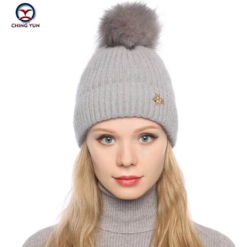 CHINGYUN Winter Womens Hats plus Velvet Thickened Outdoor Warmth Imitation Rabbit Fur Wild Fashion Knitted Hat Big Hair Ball