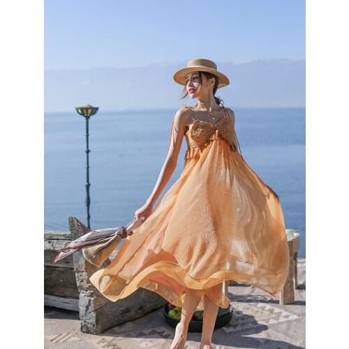 IRINAMS054 Spring Summer 2021 Original Design New Arrivals Bohemian Tassel Crocheted Top Shiny Chiffon Dress Long