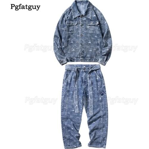 Size M-5XL StreetStyle Mens Printed Hip-Hop Jeans Sets Fashion Loose Long Sleeve Denim Jacket and Pants Two Piece Dancewear
