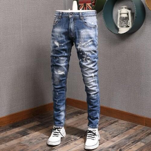 Fashion Streetwear Men Jeans Vintage Retro Blue Elastic Cotton Slim Fit Ripped Jeans Men Punk Printed Designer Hip Hop Pants