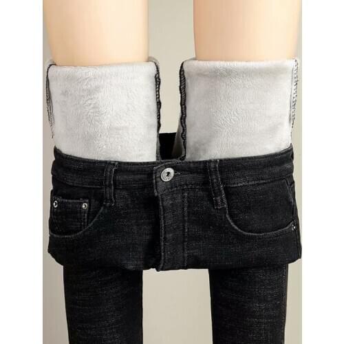 Fleece Jeans High-Waisted Tight-Fitting Cropped Pants Stretch Trousers Leggings For Women Winter A66