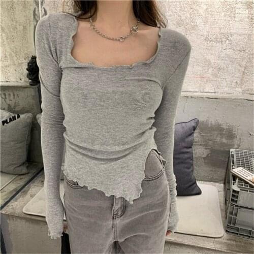 Grey Fungus Edge T-shirt Autumn Winter Tight Fitting Long Sleeve Bottoming Sexy T Shirt Women Tshirt New Design Top Vogue Tees