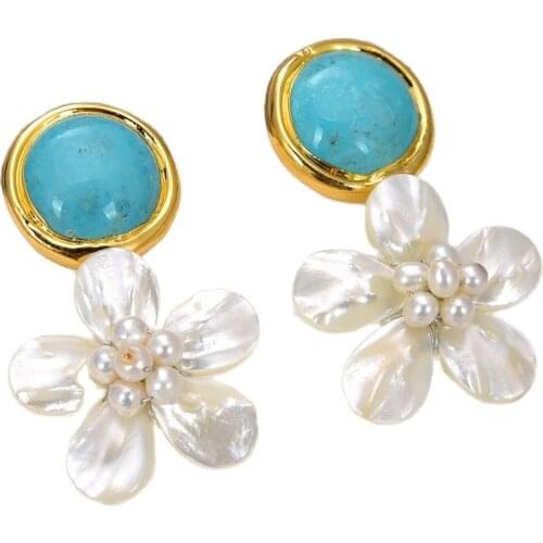 GG Jewelry Handmade Blue Turquoises White Shell Flower Stud Earrings