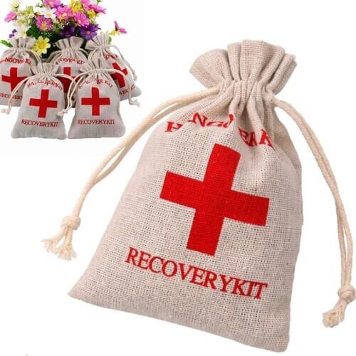 JX-LCLYL 10PCS Hangover Recovery Kit Hen Party Favors Cotton Linen First Aid Rustic Bag