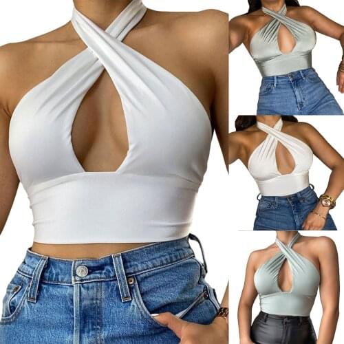 Sexy Women Tank Top Off Shoulder Halter Backless Solid Color Women Club Fashion Stylish Hollow High Waist Vest Camis Top Street