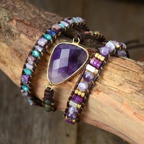 Multilayers Leather Wrap Bracelet W/ Amethysts Mixed Stone Beaded Purple Cuff Bracelet Boho Beads Jewelry Wholesale Dropship