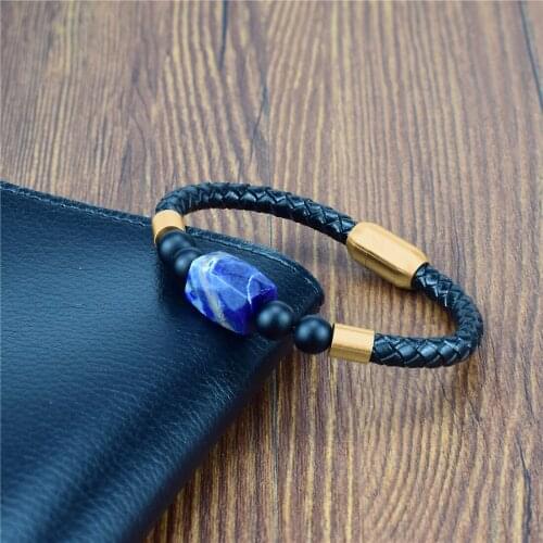 Male Leather Charm Bracelet Blue-veins Stone Rectangle Stainless Magnetic Clasps Charm Bracelets & Bangles for Men Punk Jewelry