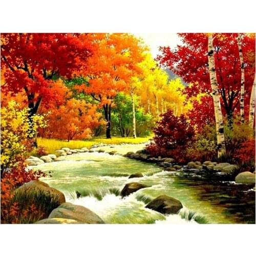 DIY Diamond Painting Maple Leaf River Cross Stitch Kit Square Diamond Embroidery Art Picture