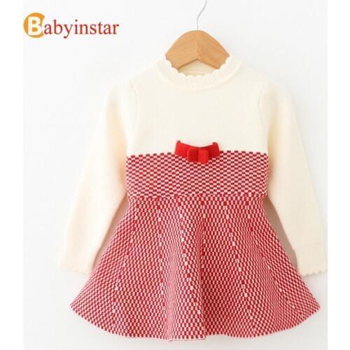 Fall Outfits For Girl New Baby Girls Sweater Dress Toddler Girl Knit Wear Long Sleeve Patchwork Kids Dresses with Bow for Girls