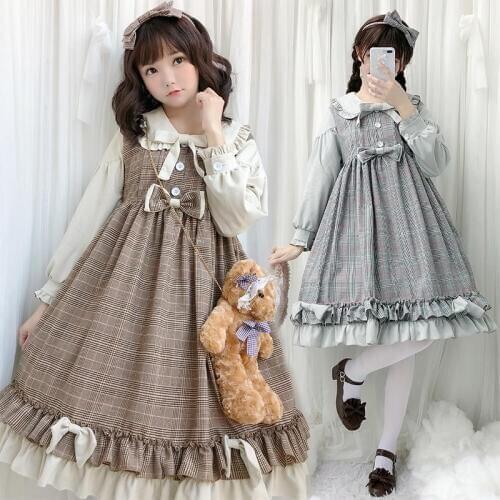 Sweet lolita dress vintage peter pan collar bowknot high waist short/long sleeve lattice victorian dress kawaii girl loli cos