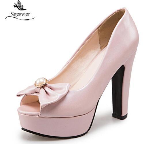 Sgesvier Women Super High Heel Wedding Pumps 12cm Peep Toe Sweet Bowtie Sexy Party Shoes Lady Platform Plus Size 34-45 B299