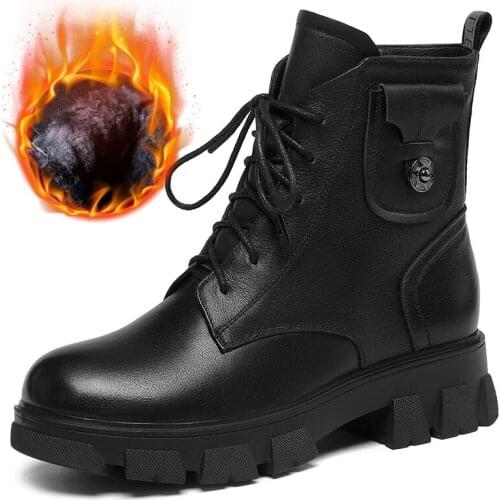 Autumn Winter Ankle Women Boot Shoe Genuine Leather Warm Wool Short Plush Elegant Large Size Footwear Boots Black Platform A78