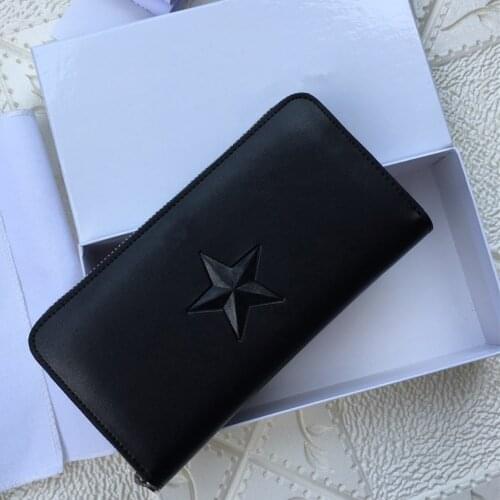 Women Wallets Simple Zipper Purses Solid Color Star Long Clutch Wallet Black Real Leather Money Bag Male Credit Card Holders