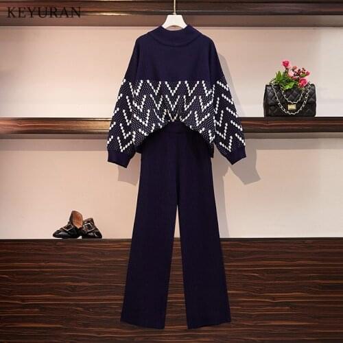 2021 Fall Winter Turtle Neck Pullovers Loose Knitting Sweater + Wide-leg Knit Pants Women 2pcs Casual Suit Black Blue L4085