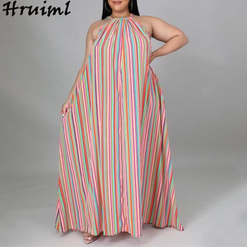 Maxi Dress for Women Loos Casual Sleeveless 2021 Striped Printed New Fashion Party Dress A Line Casual Halter Dresses Female