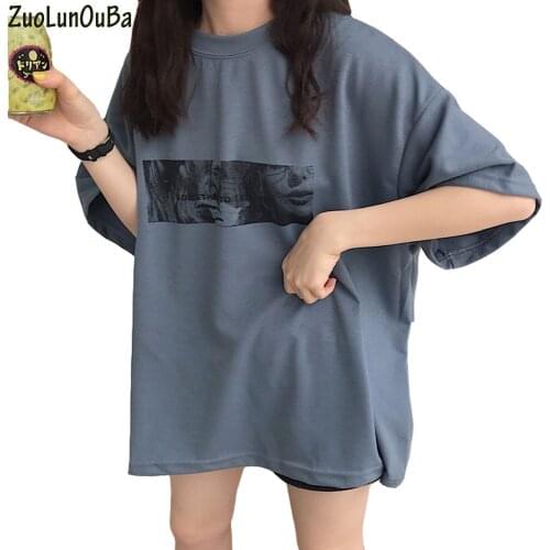 ZuoLunOuBa Summer Casual Women Smoky Blue T-shirt Letter Printing Harajuku Short Sleeved O Neck Loose Tees Tops
