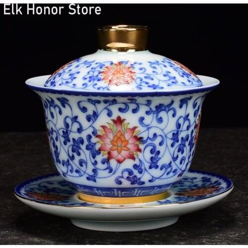 150ml Blue And White Porcelain Colored Enamel Gaiwan Handpainted Tureen Pottery Kung Fu Teaware Office Decoration