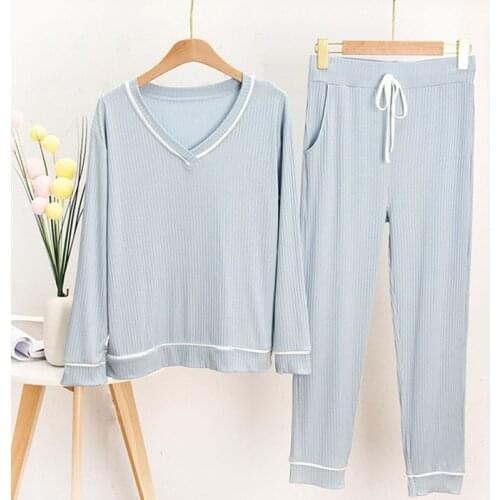 2021 New Spring Autumn Pajama Sets V Neck Modal Sleepwear Long Sleeve Trousers Two Piece Pijama Suit Loose Pyjamas Female 2 PCS