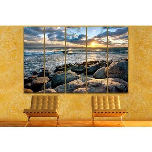 Home Decoration 5 Panel Stones Seaside Canvas Painting Wall Art HD Printed Modern Sunset Poster Modular Pictures For Bedroom