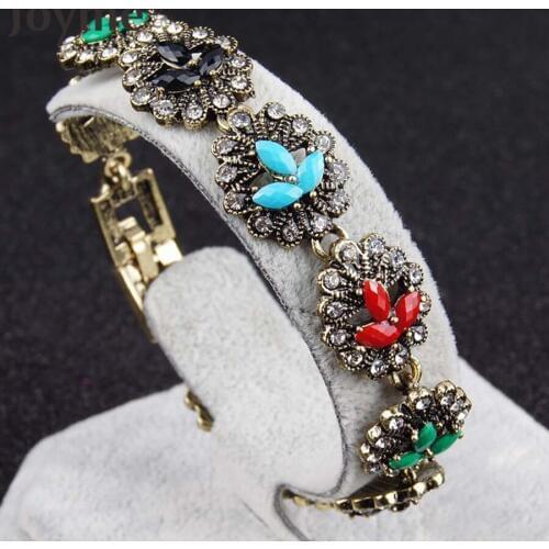 Charm Bracelets Vintage Jewelry Colorful Resin Tibetan Alloy Plating Gold Flowers Lover Bracelet For Women Gifts