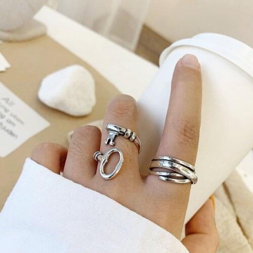 ARLIE 925 Sterling Silver Retro Multi Layer Key Shaped Thai Silver Ring Open Finger Ring for Women Men Fashion Jewelry Gifts