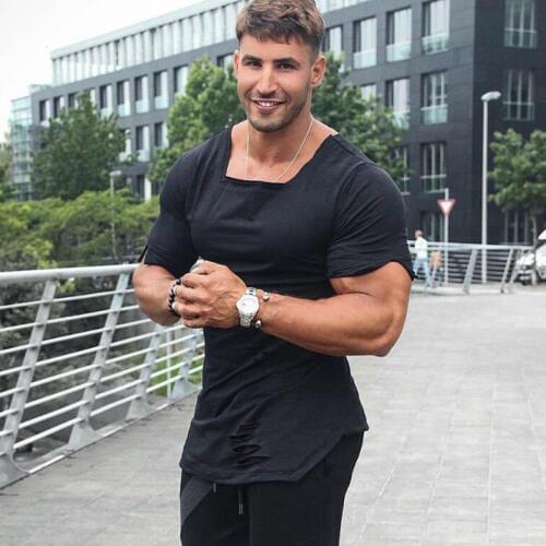 Brand Clothing Solid T-Shirt Mens 2021 New Fashion Hip Hop Extend Long T Shirt Men Ripped Hole Cotton Fitness Gyms Tee shirt