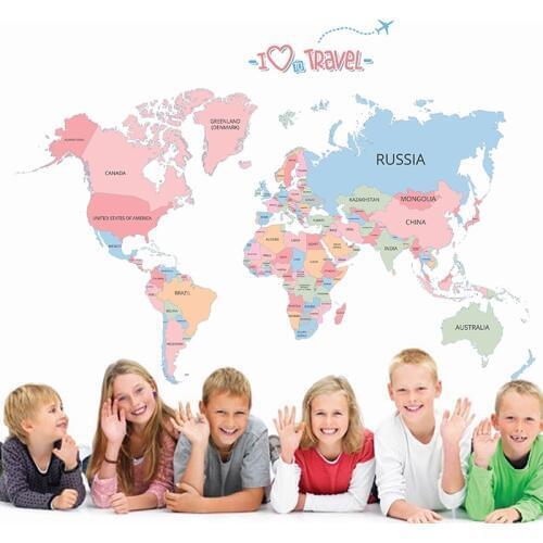 Colorful Letter World Map Wall Stickers Home Decoration Art Mural Office Living Room Bedroom Kids Study Room Wall Decals 60*90cm