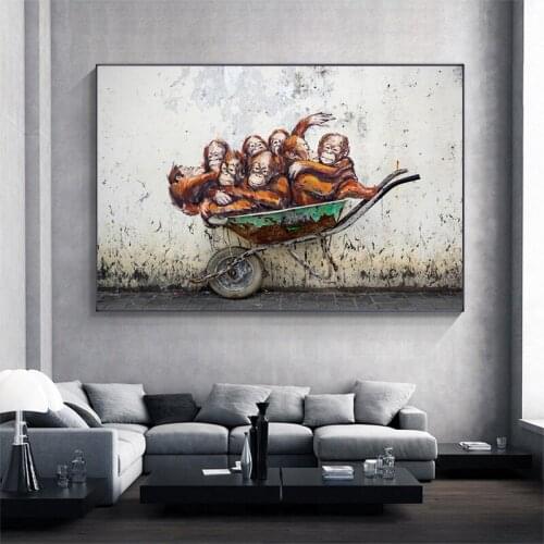 Graffiti Banksy Canvas Poster Orangutans Wheelbarrow Street Art Monkey Canvas Painting Art Wall Classic Style Canvas Prints