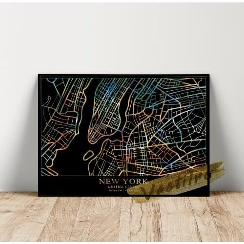 World Map Art Prints, America Nyc City Map Wall Art, New York Geography Location Art Prints, Black Background Colour Line Poster