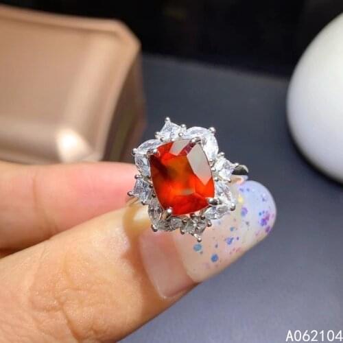 KJJEAXCMY fine jewelry 925 sterling silver inlaid Natural Fanta garnet Womens exquisite classic square adjustable gem ring supp