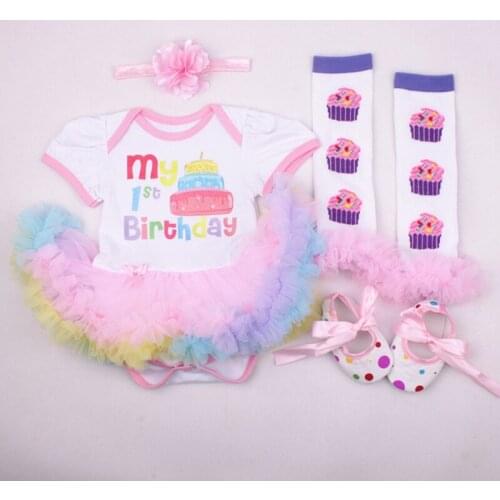 Baby Girl 1st Birthday Outfits Short Sleeve Infant Clothing Sets Lace Romper Dress Headband Shoe Toddler Tutu Set Babys Clothes