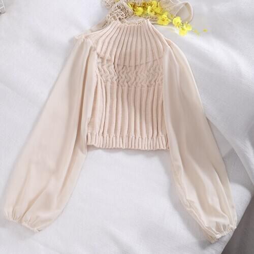 HISUMA Summer Lantern Sleeve Women Patchwork Chiffon Knitted Ruffles Basic Shirt Lady Sexy Short Elastic Slim Party Blouse Tops