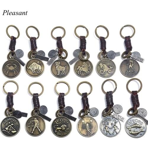 Punk Retro Metal 12 Constellation Cowhide Keychain Hand-woven Personality Constellation Pendant Car Key Pendant Gift