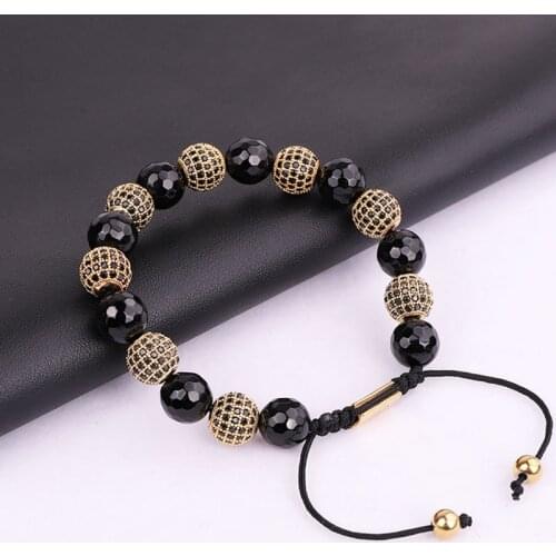 Fashion Mens Jewelry 10MM Cubic Zirconia Ball Black Onyx Bracelet Men Jewelry Gift