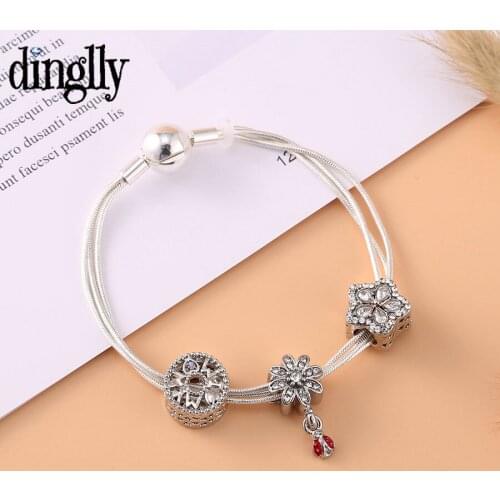 Dinglly Fashion 3 fine Chain Bracelets For Women Girls Original Flower Ladybug Charm heart Mom Bead Bracelet & Bangle Jewelry