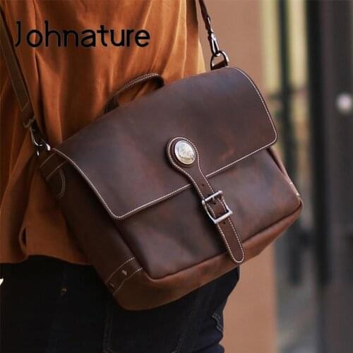 Johnature Versatile Retro Genuine Leather Men Messenger Bag 2021 New Handmade Nature Cowhide Casual Large Capacity Shoulder Bags