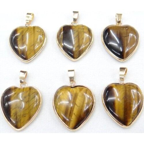 Wholesale 10pcs/lot Natural tiger eye stone 25mm heart shape gold side pendants for Diy jewelry making Necklace pendant free