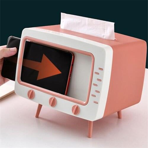 2 In 1 Retro TV Shape Tissue Box Desktop Paper Holder Dispenser Storage Napkin Case Organizer with Mobile Phone Holder