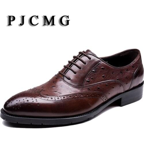 PJCMG Italian Ostrich Designer Formal Mens Dress Genuine Leather Black/Red Basic Lace-Up For Men Wedding Office Shoes