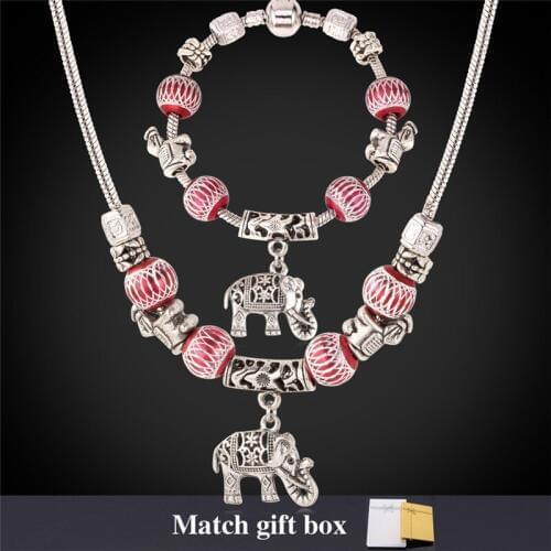 Charms Necklace And Bracelet Set Tibetan Silver Color Crystal Glass Bead Snake Chain European DIY Jewelry Set For Women NH863