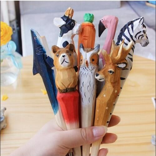 200pcs/sets Handmade Ballpoint Pen Lovely Artificial Wood Carving Animal ball pen Creative Arts blue pens gift New many color