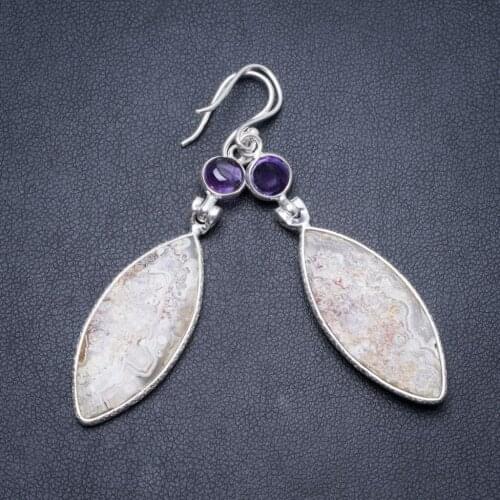 Natural Crazy Lace Agate and Amethyst Handmade Unique 925 Sterling Silver Earrings 2.5" Y2594