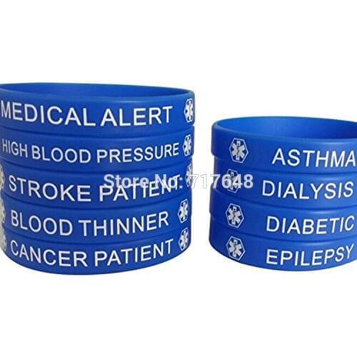 300PCS Blue Medical Awareness Alert wristband silicone bracelets free shipping by FEDEX