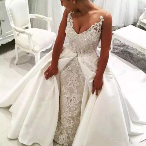 Robe De Mariage Bridal Gowns Sexy Lace Backless Turkey satin detachable Tail Vintage Lace Mermaid Wedding Dress 2021