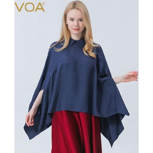 VOA Silk Jacquard Asymmetrical Plain Picturesque Pullover Bat Long Sleeve Woman Tshirts Big Swing Literary Lady T-shirt BE735