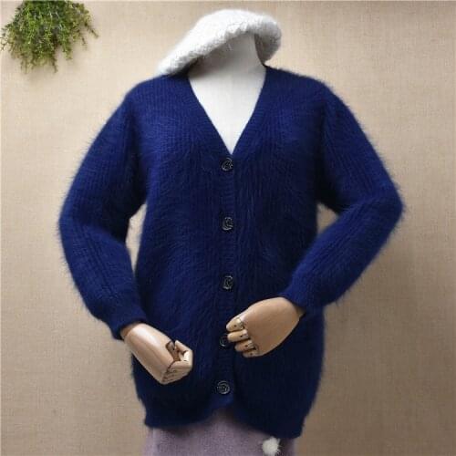 Ladies women fashion blue hairy plush mink cashmere knitwear long sleeves v-neck loose cardigan angora fur jacket coat sweater