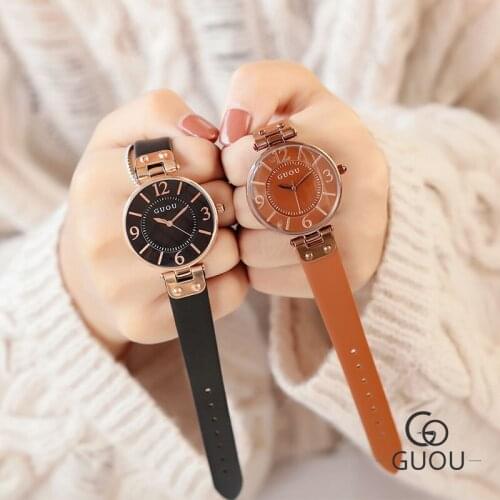 2019 Simple Leisure Watch Ladies Korean Fashion Digital Round Dial Leather Watchband Quartz Watch G8213